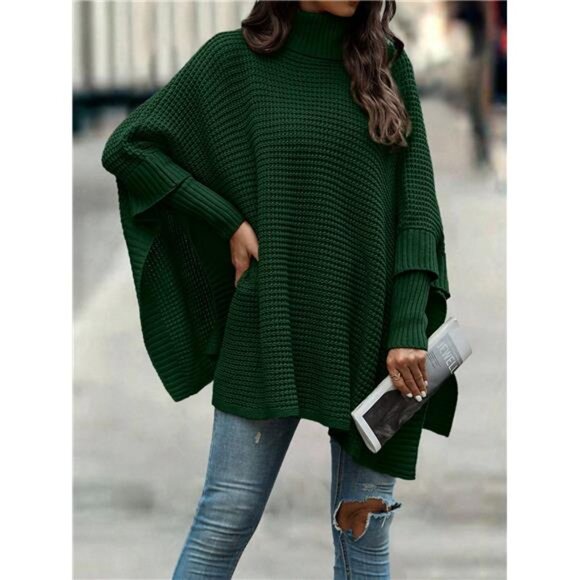 Turtleneck Batwing Sleeve Poncho Sweater,Long Sleeve Tops Knit Pullover Fall - Picture 4 of 8